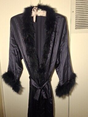 Valentino Navy Blue Silk Long Robe with Feather Trim